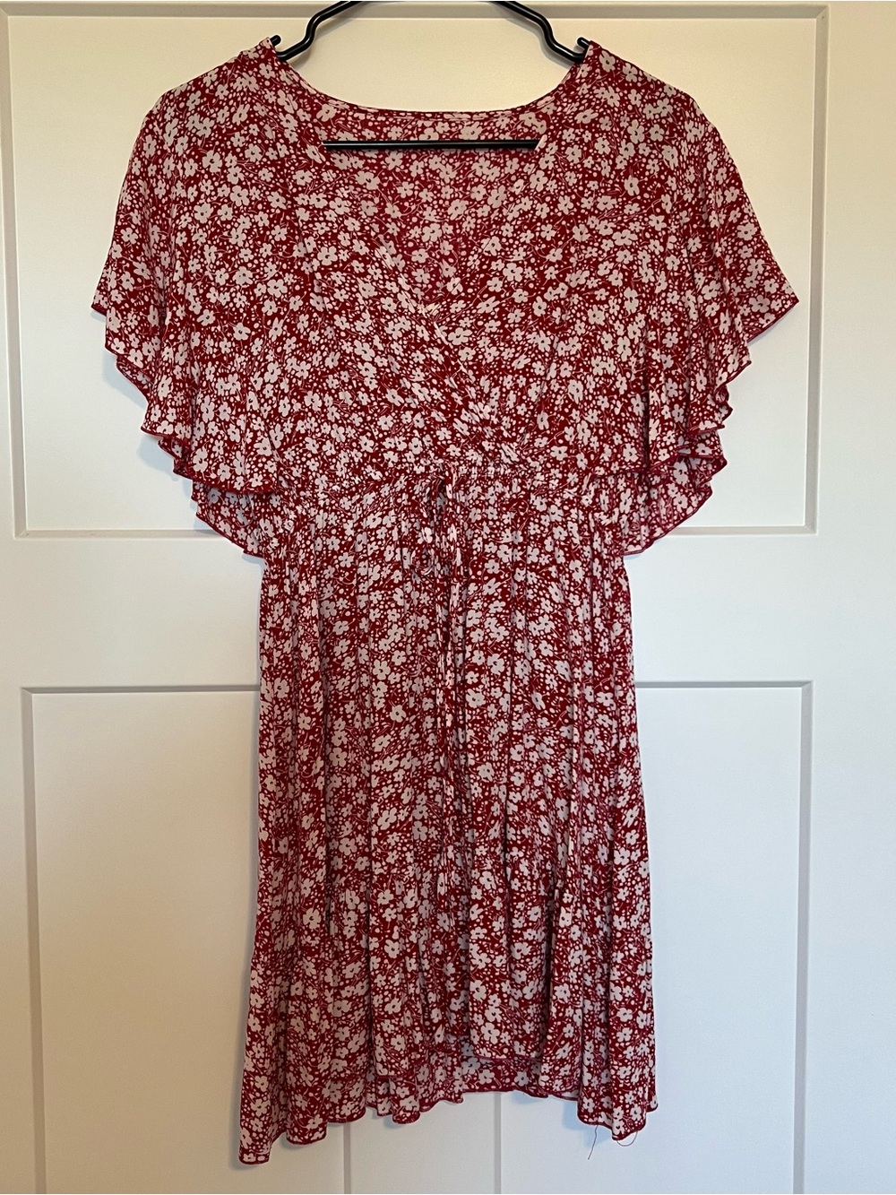 Red Floral Flutter Sleeve Dress